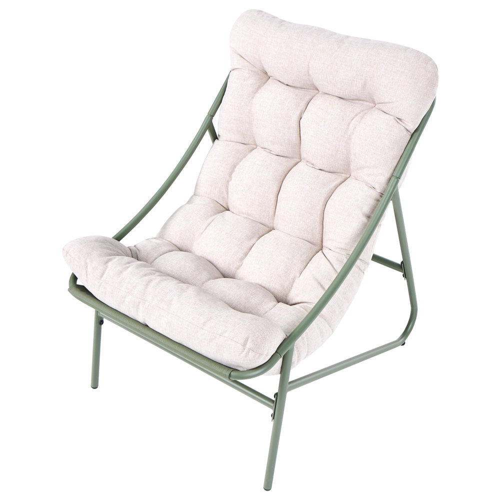 Set da esterno: struttura in acciaio verde e beige, sedute in tessuto divano a due posti con poltrone e tavolino
