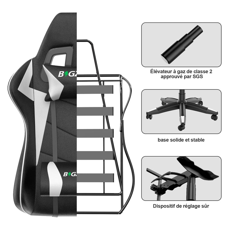 Sedia da gioco,sedia da gioco ergonomica  in similpelle, altezza regolabile,con poggiatesta e supporto lombare, poggiapiedi, nero e bianco