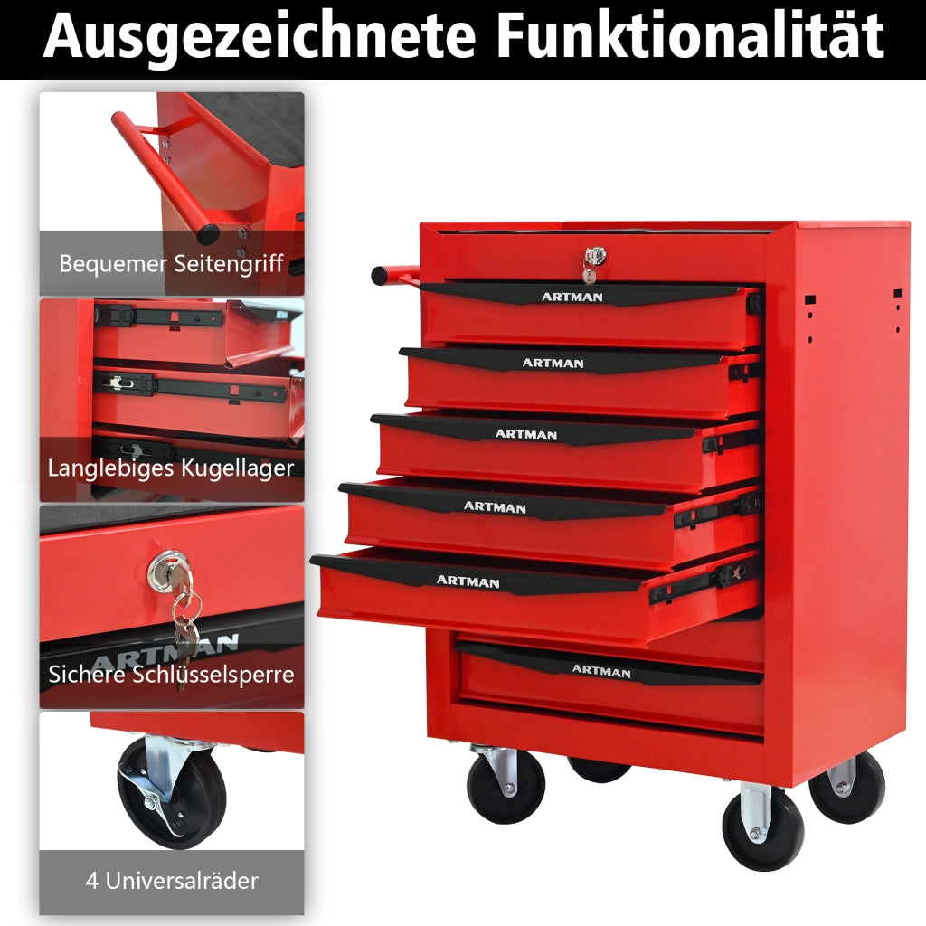 Carrello portautensili con 7 cassetti e chiusura, in acciaio, su ruote, per garage, rosso nero, 60 × 33 × 77,5 cm