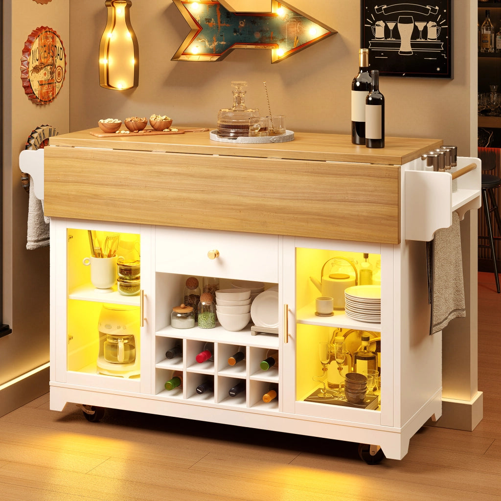Carrello servitore con illuminazione LED RGB; estensioni ribaltabili e cantinetta; bianco; altezza 95 cm