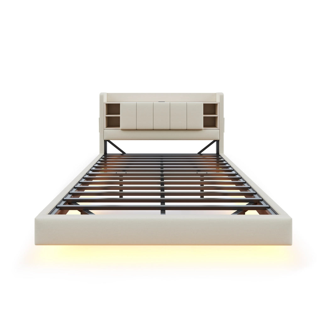 Letto imbottito 140x200 cm con LED; porta USB e ripiani in lino beige