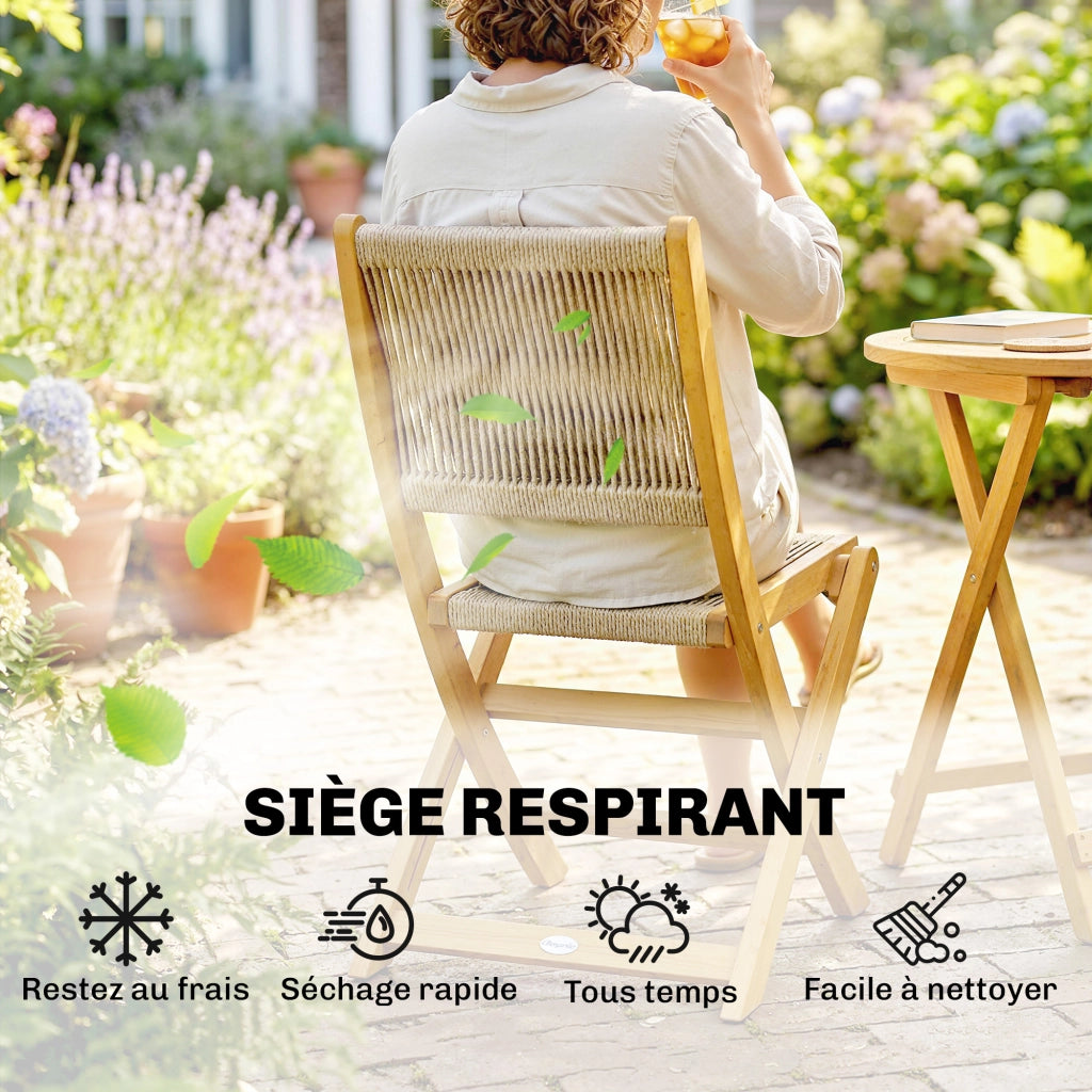 Set Bistro da Giardino 3 Pezzi Tavolo Rotondo 2 Sedie Pieghevoli Legno Acacia Cordage Naturale ¨C Xylo