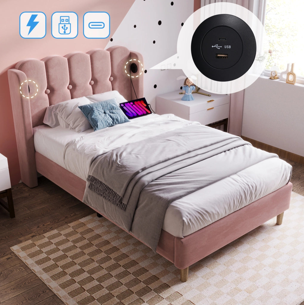 Letto imbottito ULEVR 90x200 cm in velluto rosa con testiera a pannelli e porte USB e Type-C