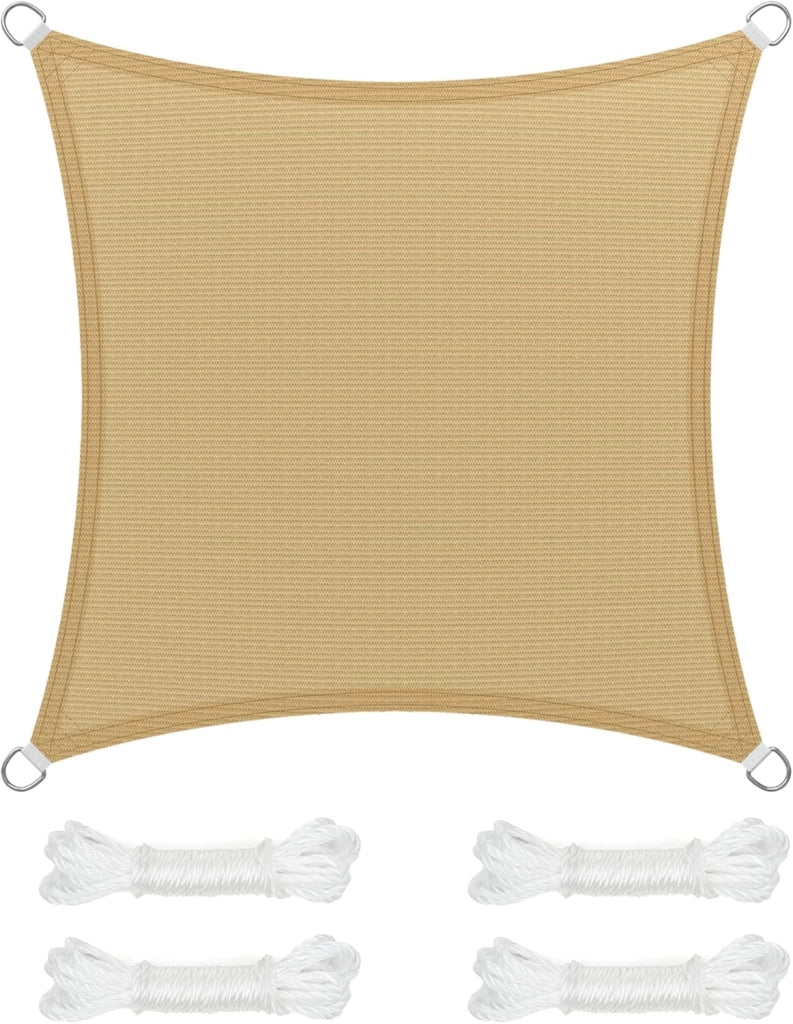 SONGMICS Vela Parasole 5 x 5 m, Tenda da Sole in Tessuto HDPE, Permeabile all'Aria e all'Acqua, per Terrazza, Giardino, Balcone, Campeggio, Quadrata, Concava, Corde da 2 m, Giallo Sabbia GSS55EYV1