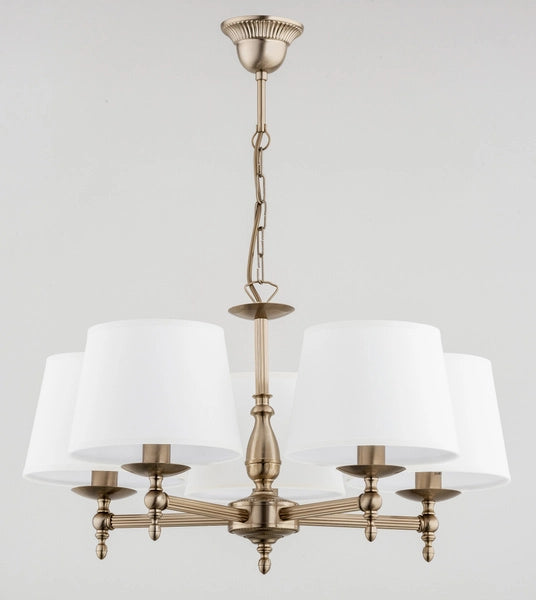 Lampadario sospeso classico oro, paralumi tessuto, 5xE14 Alfa