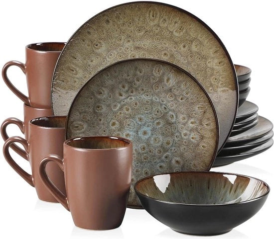 Servizio da 16 pezzi in ceramica vetrificata con look vintage - tazze da caffè e piatti per dessert per 4 persone