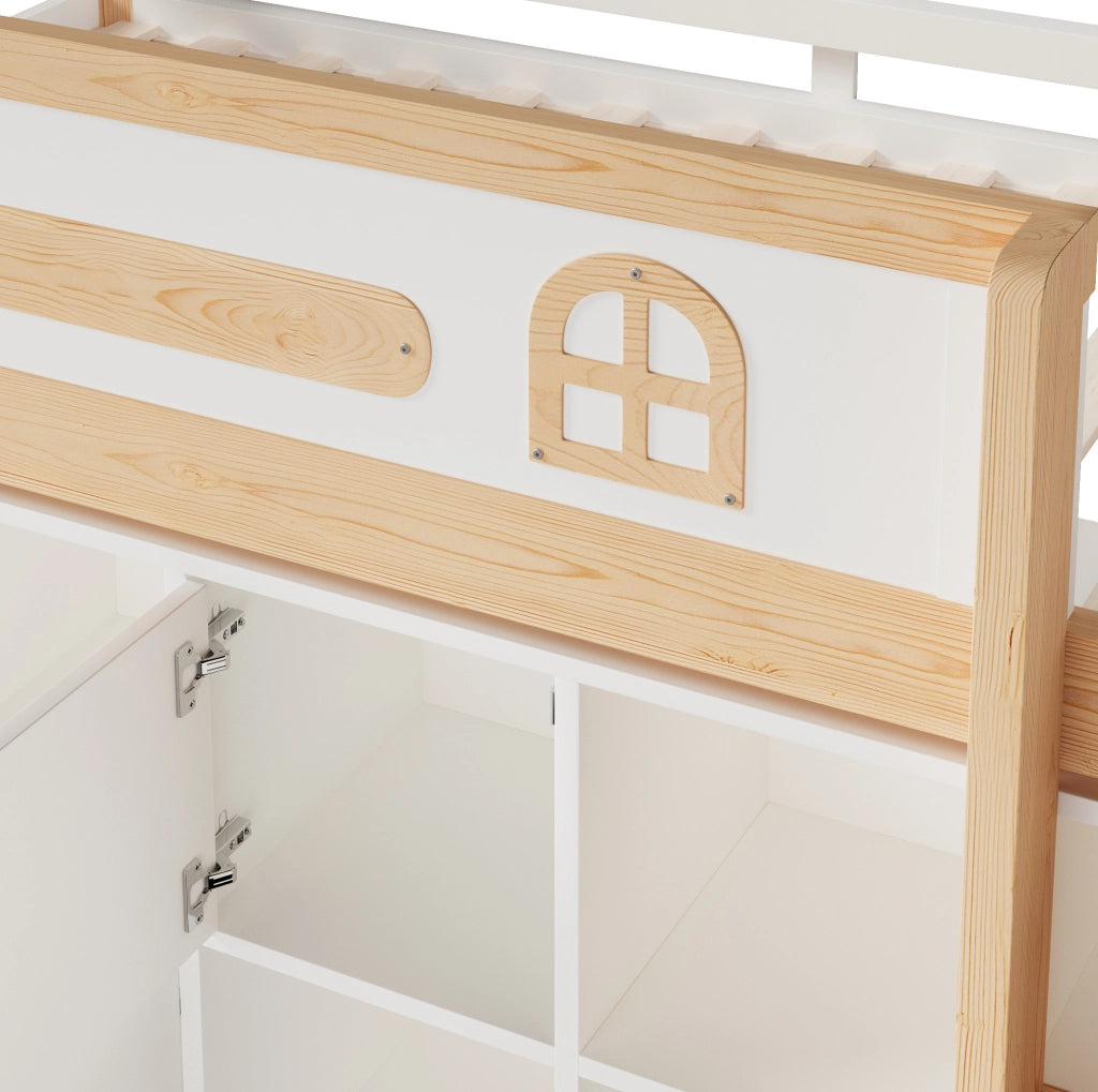 Letto a soppalco 205x94.5x120 cm; con lavagna; scomparti e scala; senza materasso; in pino e MDF; bianco naturale
