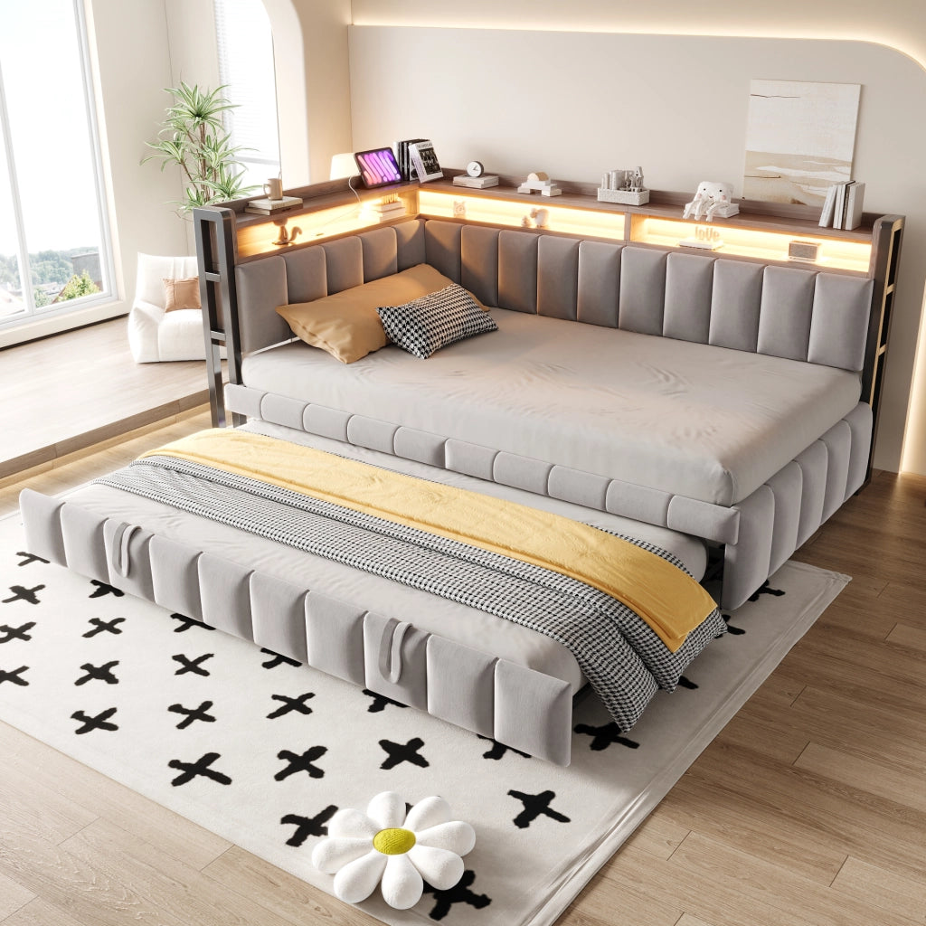 Letto Estraibile 90x200 cm; 1 Posto - LED; USB; Type-C; Mensole - Grigio