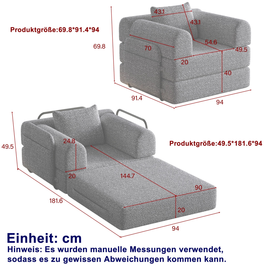 Divano letto singolo 103.0x32.0x32.0 cm con vano bracciolo; struttura in acciaio; chenille grigio