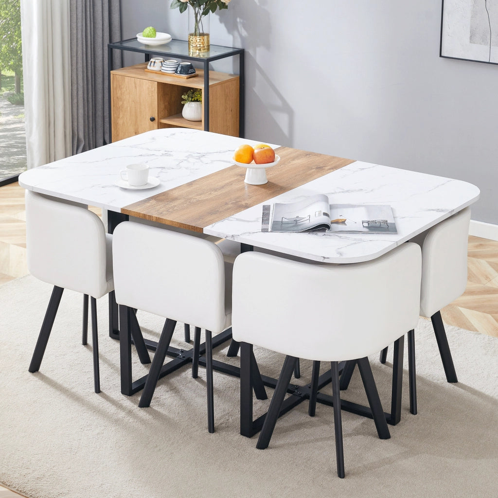 Tavolo da pranzo allungabile con 4 sedie salvaspazio, struttura in MDF e metallo, per cucina e soggiorno, bianco e nero