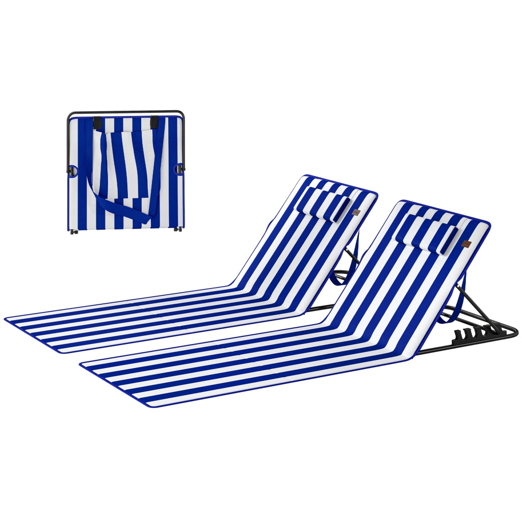 Set 2 Materassini Mare con Schienale Regolabile su 4 Livelli, in Acciaio e Poliestere, 154x57x52 cm, Blu Bianco