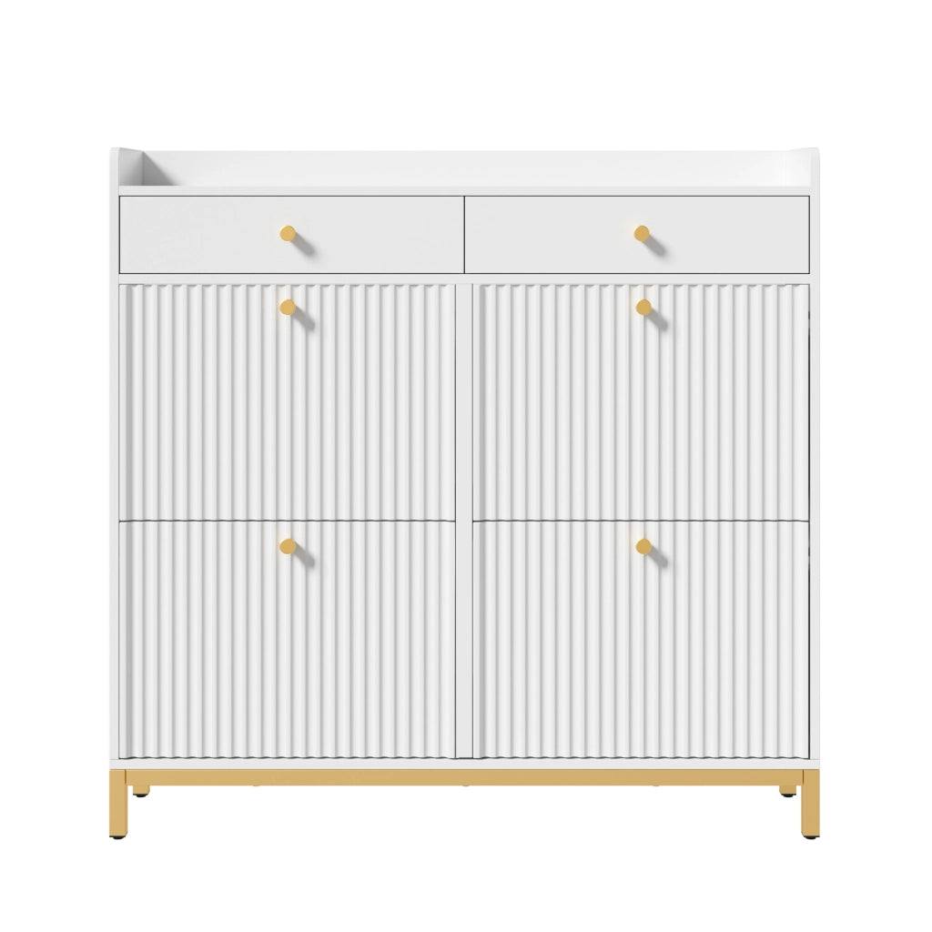 Scarpiera salvaspazio con 4 ante ribaltabili, 2 cassetti, struttura in pannello truciolare bianco, 106,5 x 25 x 107 cm