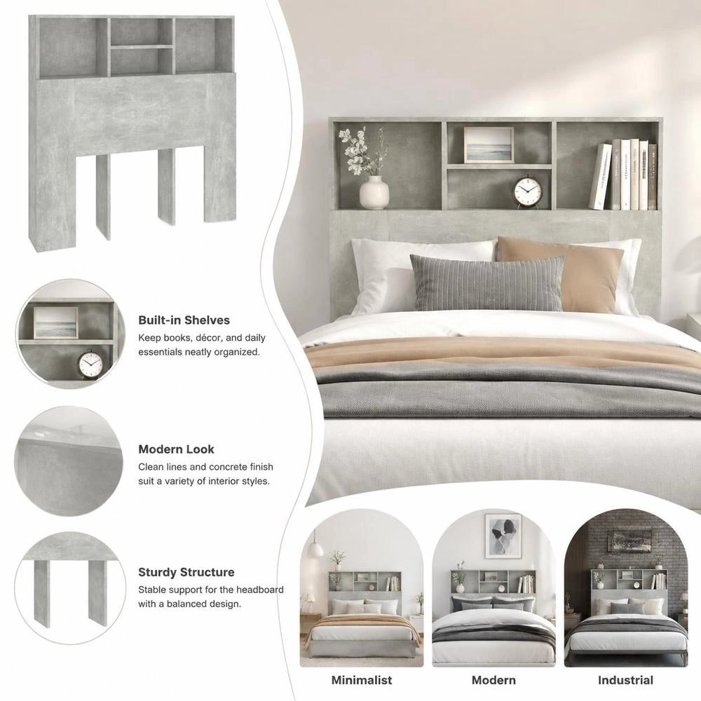Bed Headboard With Shelves, Concrete Grey, 100x19x103.5 Cm