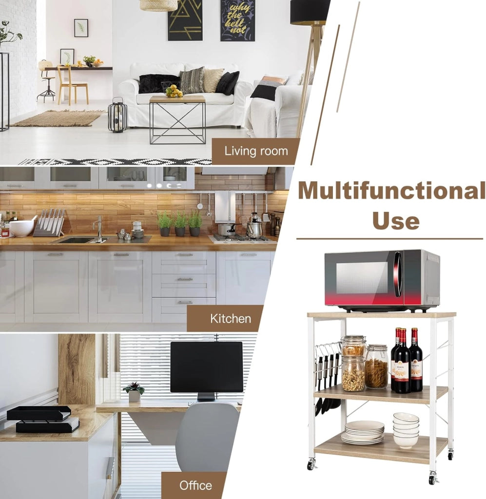 Carrello da Cucina a 3 Livelli con Ripiani Regolabili, Carrello Portaoggetti con 10 Ganci Rimovibili, per Supporto per Microonde, per Cucina e Sala da Pranzo, 60 x 40 x 73 cm (Beige)