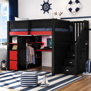 DESMIU Letto a soppalco 140 × 200 cm 2 posti con scrivania, contenitori, LED, USB e scala, senza materasso, nero rosso