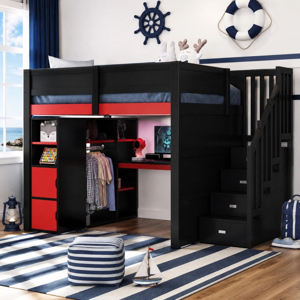 DESMIU Letto a soppalco 140 × 200 cm 2 posti con scrivania, contenitori, LED, USB e scala, senza materasso, nero rosso