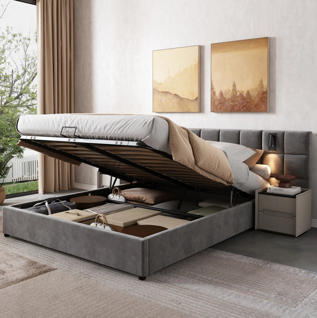 Letto imbottito contenitore idraulico 180x200 cm con luce da lettura USB; velluto grigio