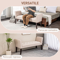 Panca Fondo Letto Imbottita e a Bottoni 141x44x65 cm in Legno e Tessuto Effetto Lino Beige