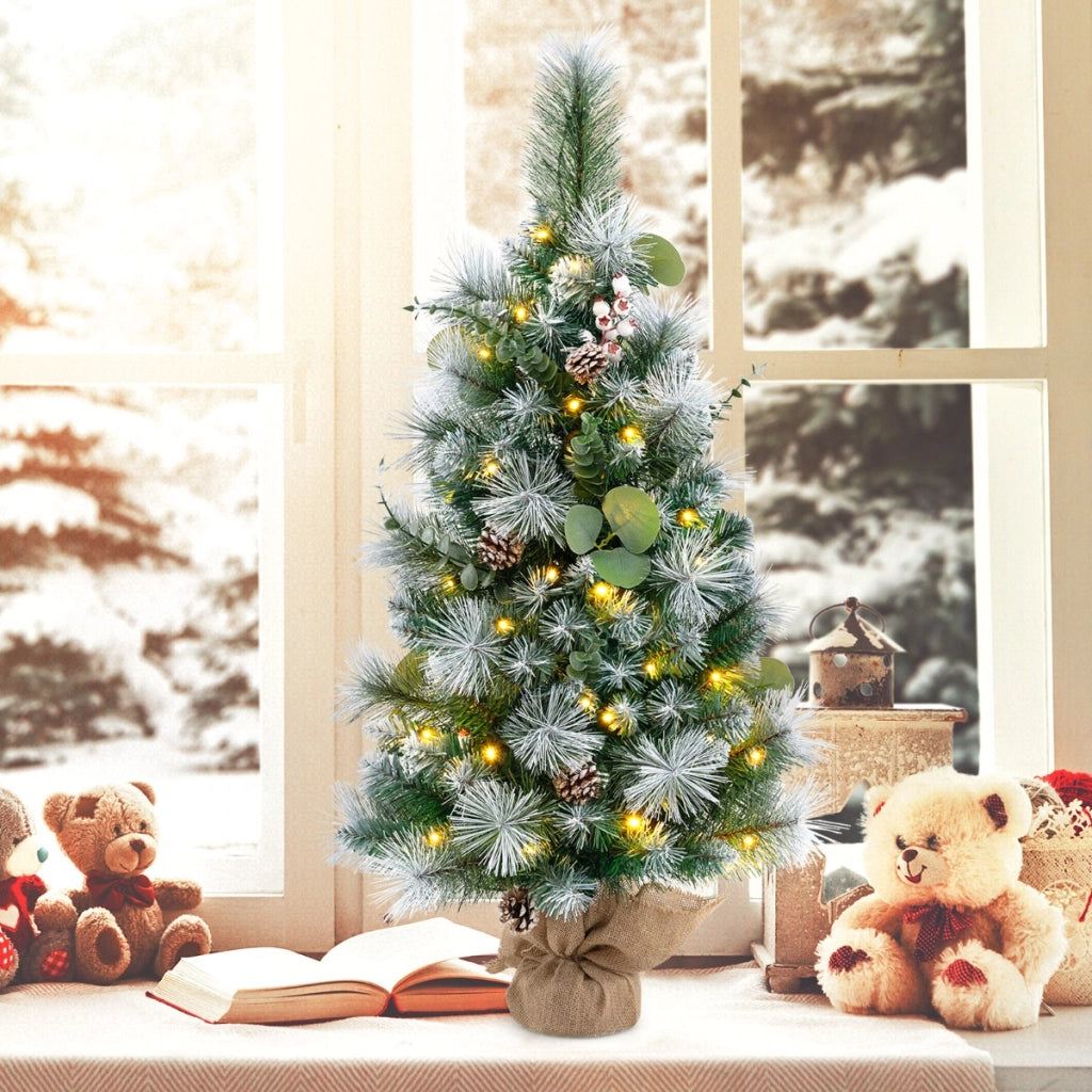 90cm Albero di Natale mini artificiale con 98 foglie di PVC innevate e 30 luci LED-Decorazione natalizia a batteria