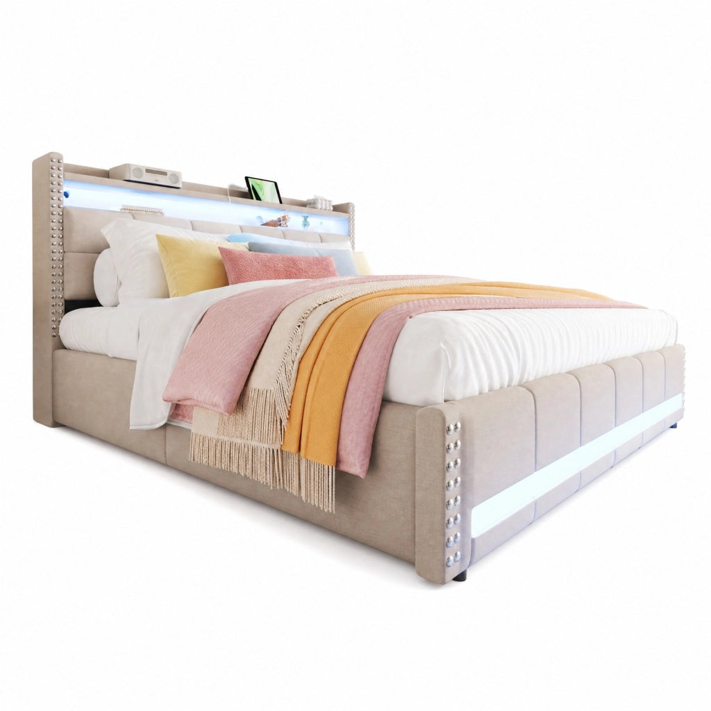Letto imbottito beige 180 x 200 cm con LED, USB e vano contenitore
