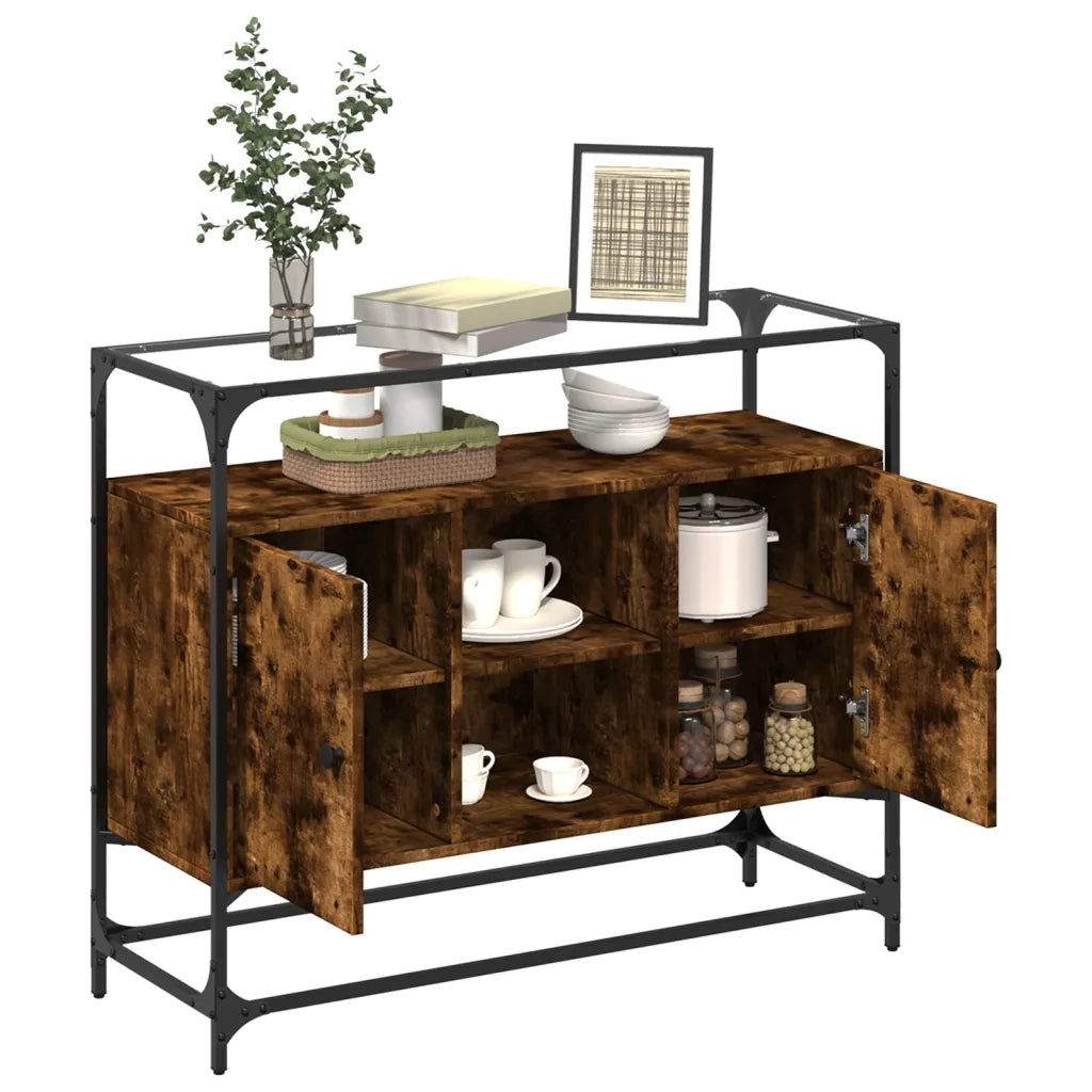 Credenza-Buffet-Armadio da cucina Piano Vetro Rovere Fumo 98x35x81cm Legno Multistrato