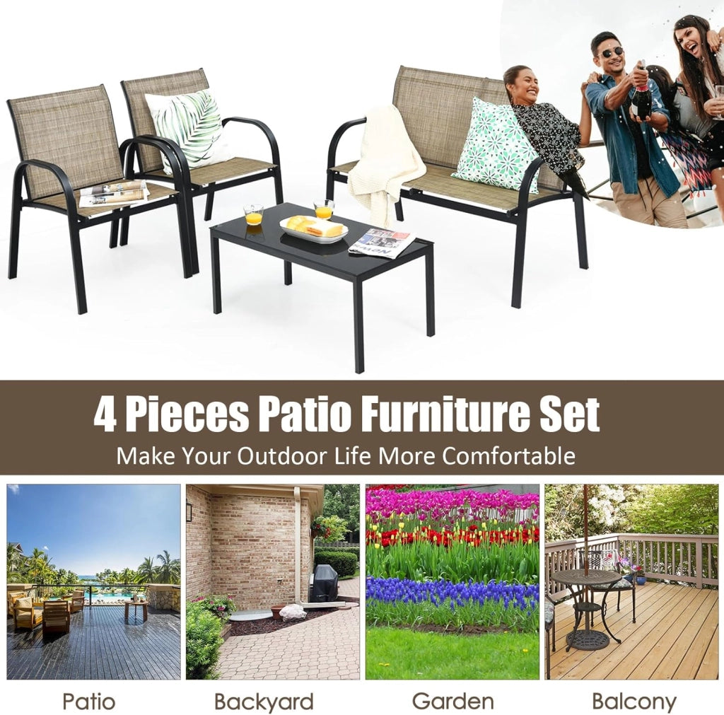 Set di 4 mobili da giardino per 4 persone, set da giardino con 2 sedie e 1 panca e 1 tavolino da caffè, set di mobili da terrazza per piscina, cortile (marrone), QF54737IBDE