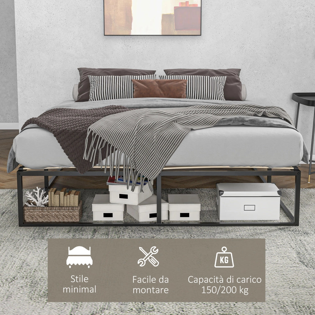 Struttura Letto con Doghe in Compensato e Contenitore inferiore, 190x160x35cm, Nero e color legno