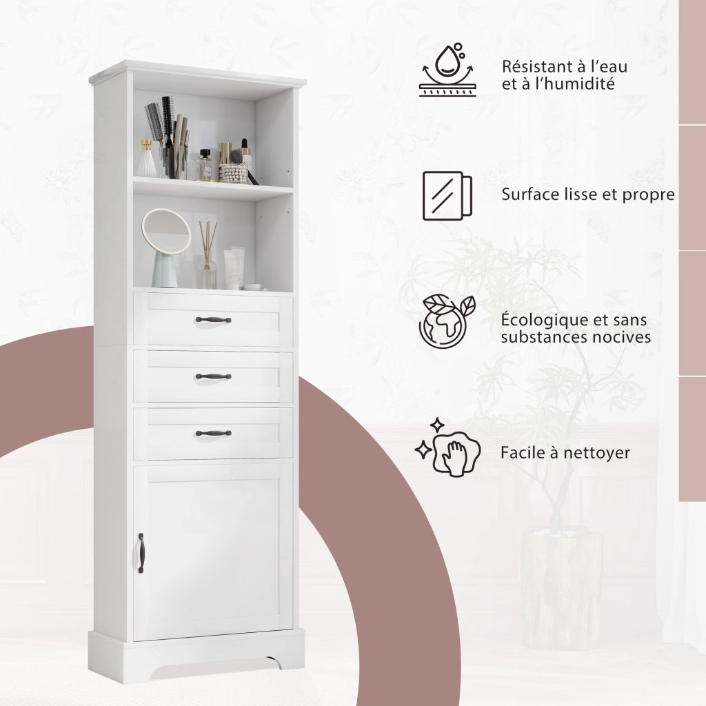 Armadietto da bagno con 1 anta 3 cassetti e vani aperti con ripiani regolabili in MDF bianco 56 × 25,6 × 167 cm