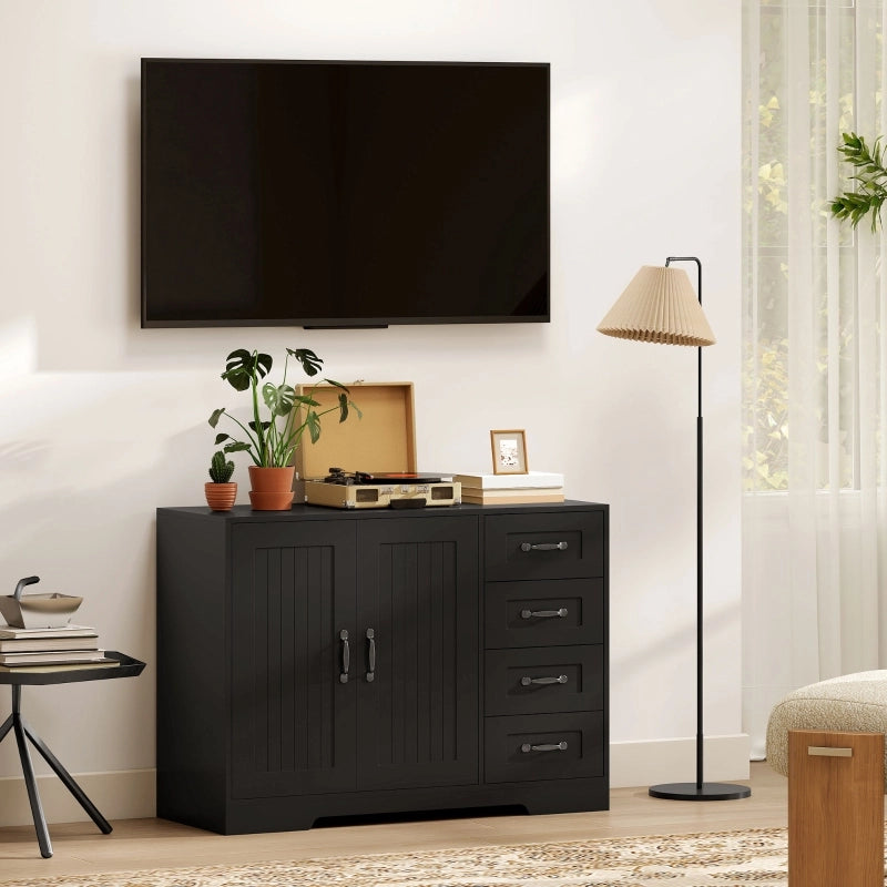 Sideboard moderno nero, 105 x 40 x 76 cm, con 4 cassetti e 1 anta