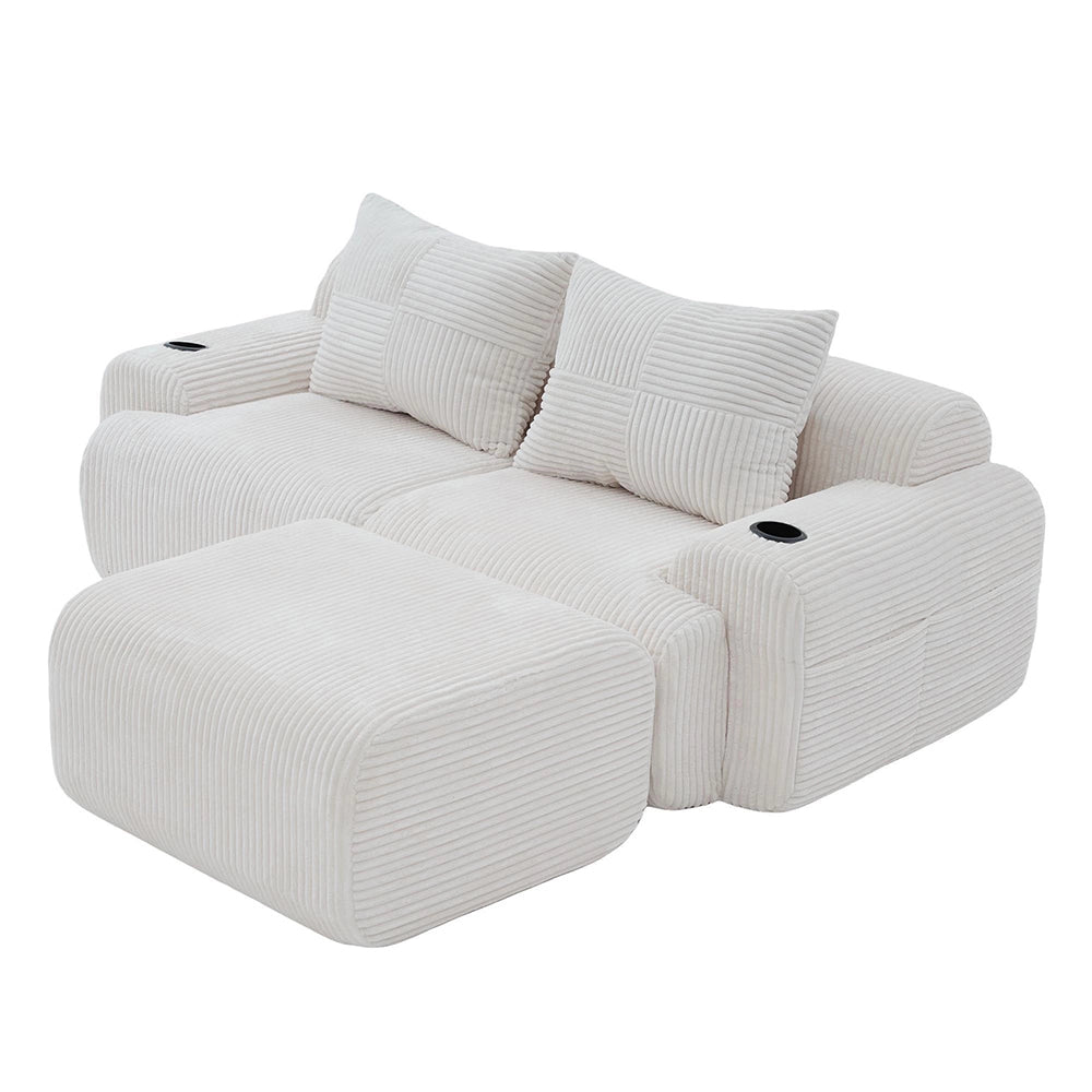 Canap¨¦ modulable in velluto costato per 2 persone - Xylo - Beige con porta-bevande e tasche laterali