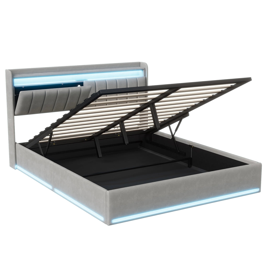 Letto matrimoniale con contenitore idraulico 160x200 cm, velluto grigio, testiera con vani, LED RGB, porte USB‑C e USB
