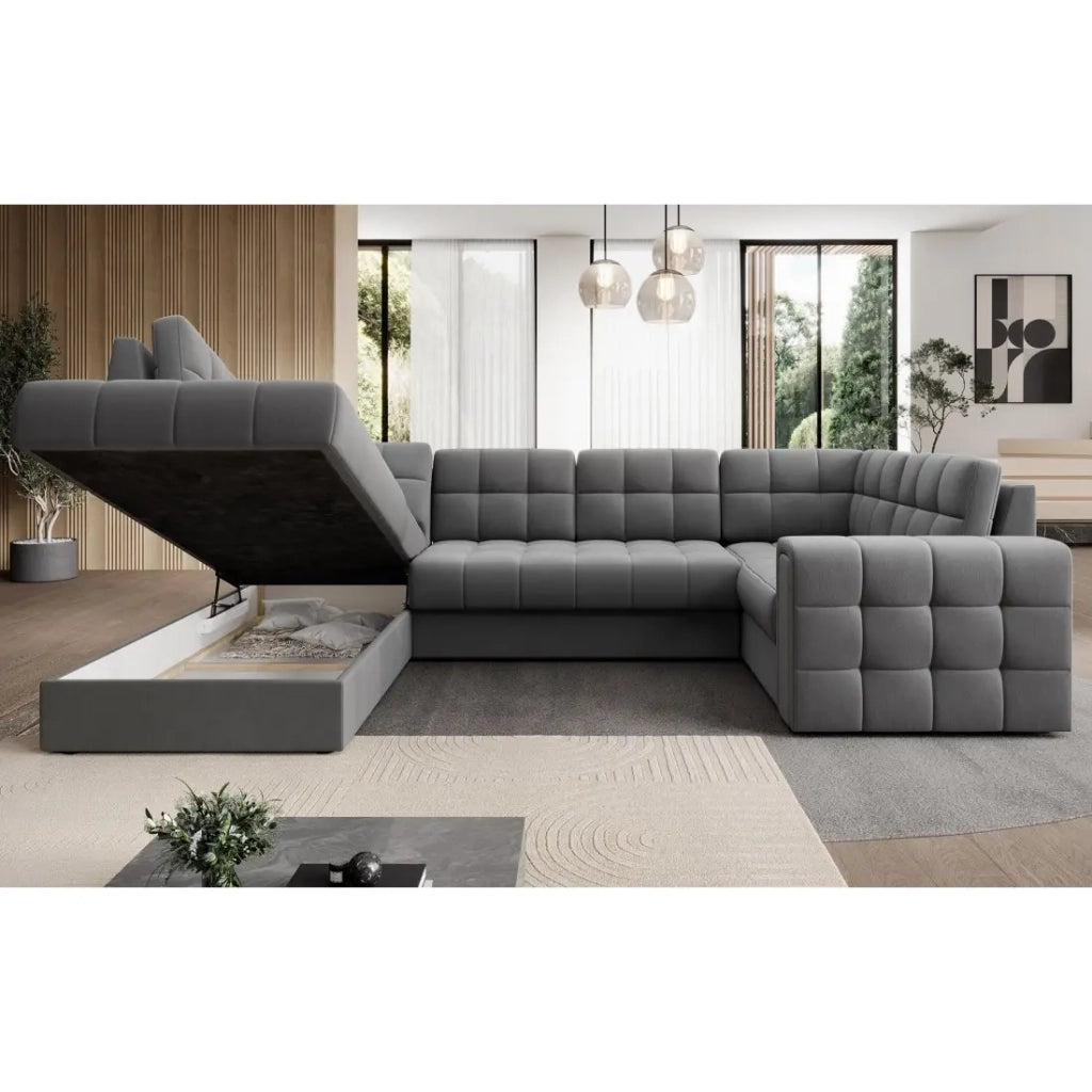 Divano angolare convertibile MONTEZA grigio sinistro 299 cm con contenitore e letto