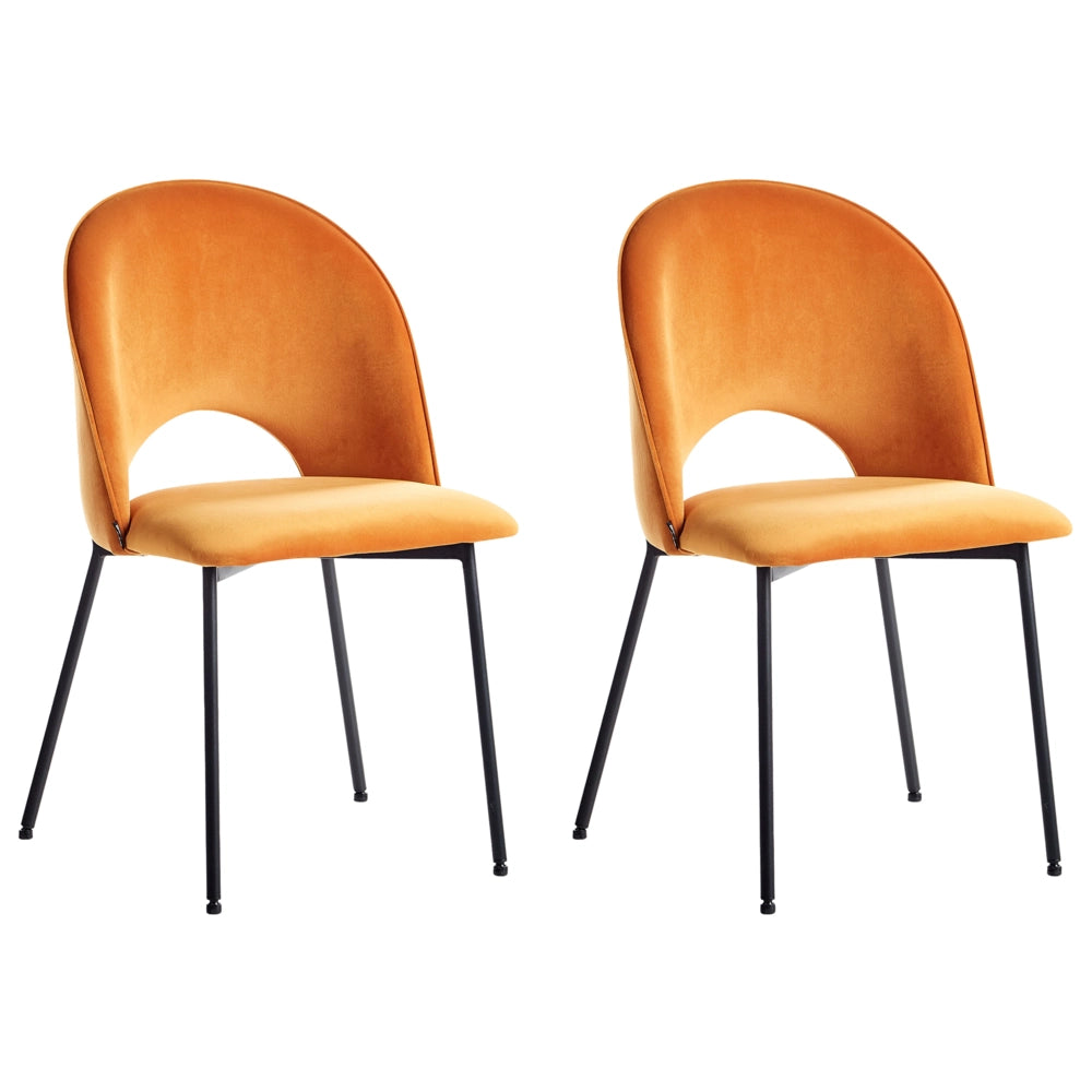 Set di 2 sedie da pranzo rivestimento in velluto arancione gambe nere glamour retrò