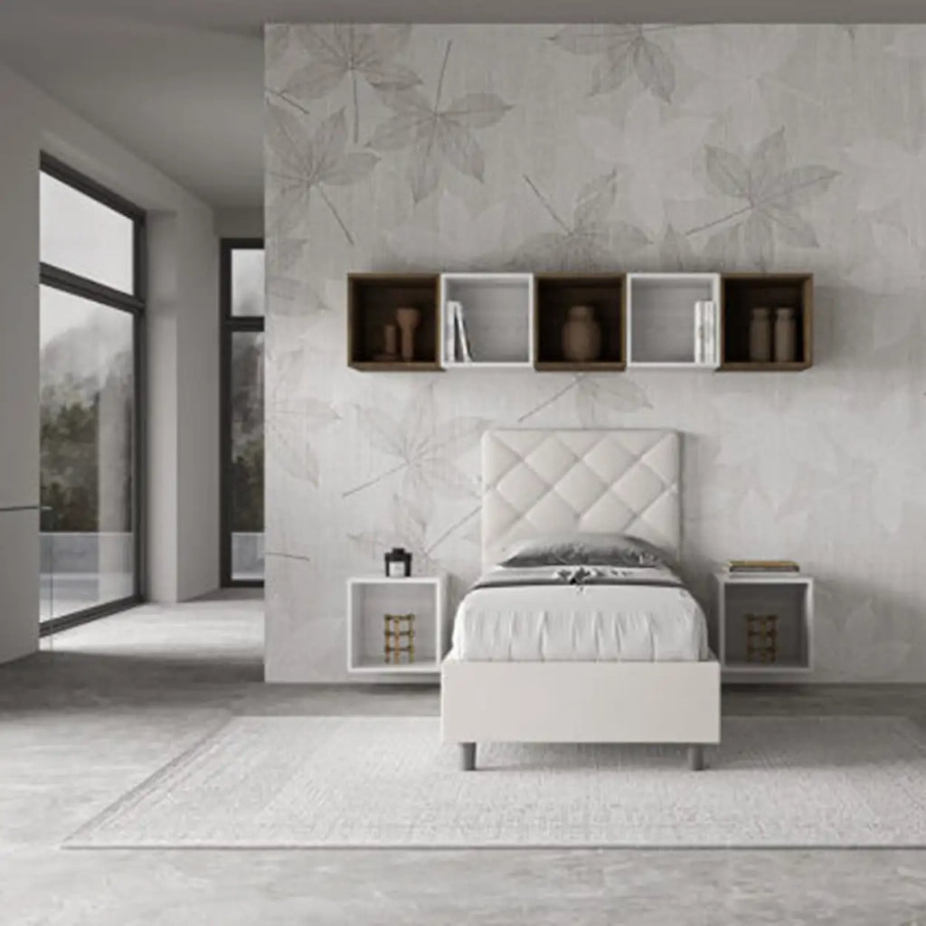 Letto singolo contenitore imbottito 90x210 similpelle bianco Priya