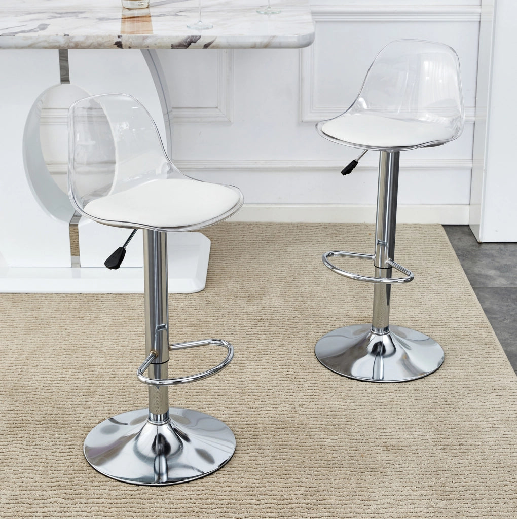 Set di 2 sgabelli da bar girevoli; regolabili in altezza; in metallo e plastica; bianco e argento