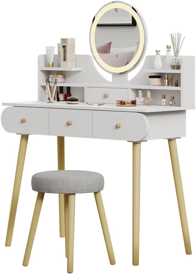 Tavolo da toilette Edda, Bianco, 100 cm con specchio LED e sgabello, con specchio LED rotondo e sgabello coordinato