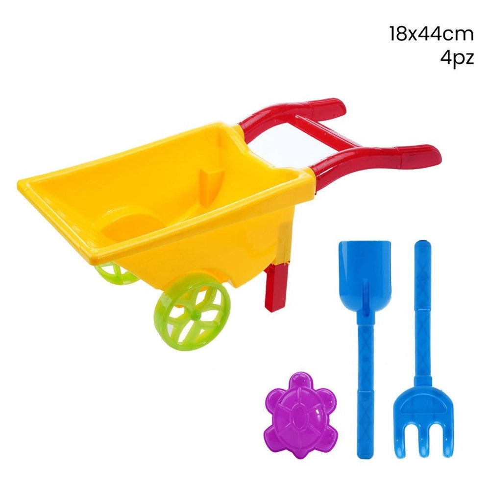 Trade Shop - Set Giochi Mare Spiaggia 4pz Con Carriola 18x44cm Rastrello Paletta Formina 258296 -