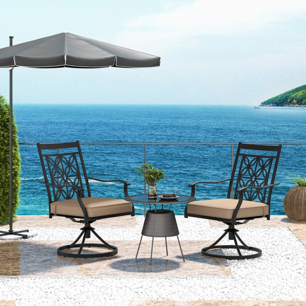 Sedie girevoli per giardino con telaio in metallo cuscino schienale a motivo floreale, Set di 2 sedie da pranzo Marrone-Sedie da esterno