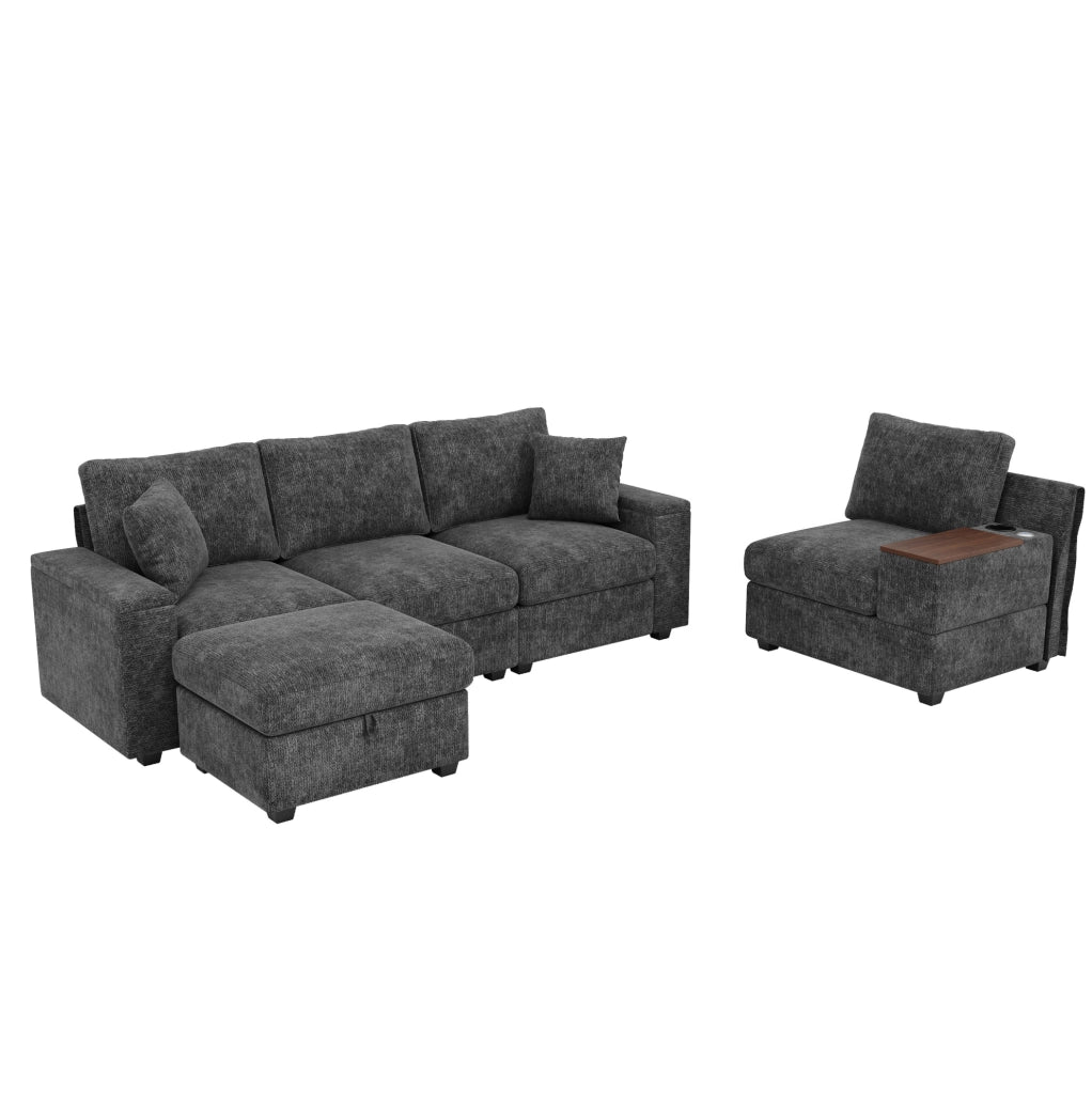 Divano modulare angolare 5-6 posti con pouf; tavolino girevole 360°; USB/Type-C; ciniglia grigia