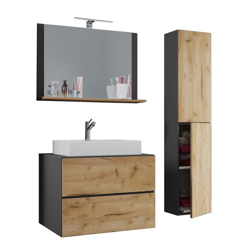 Luce Set Bagno 4 Pezzi Mobile sospeso 2 casetti con lavabo bianco XL in ceramica incl Colonna e specchio, Antr/Rovere