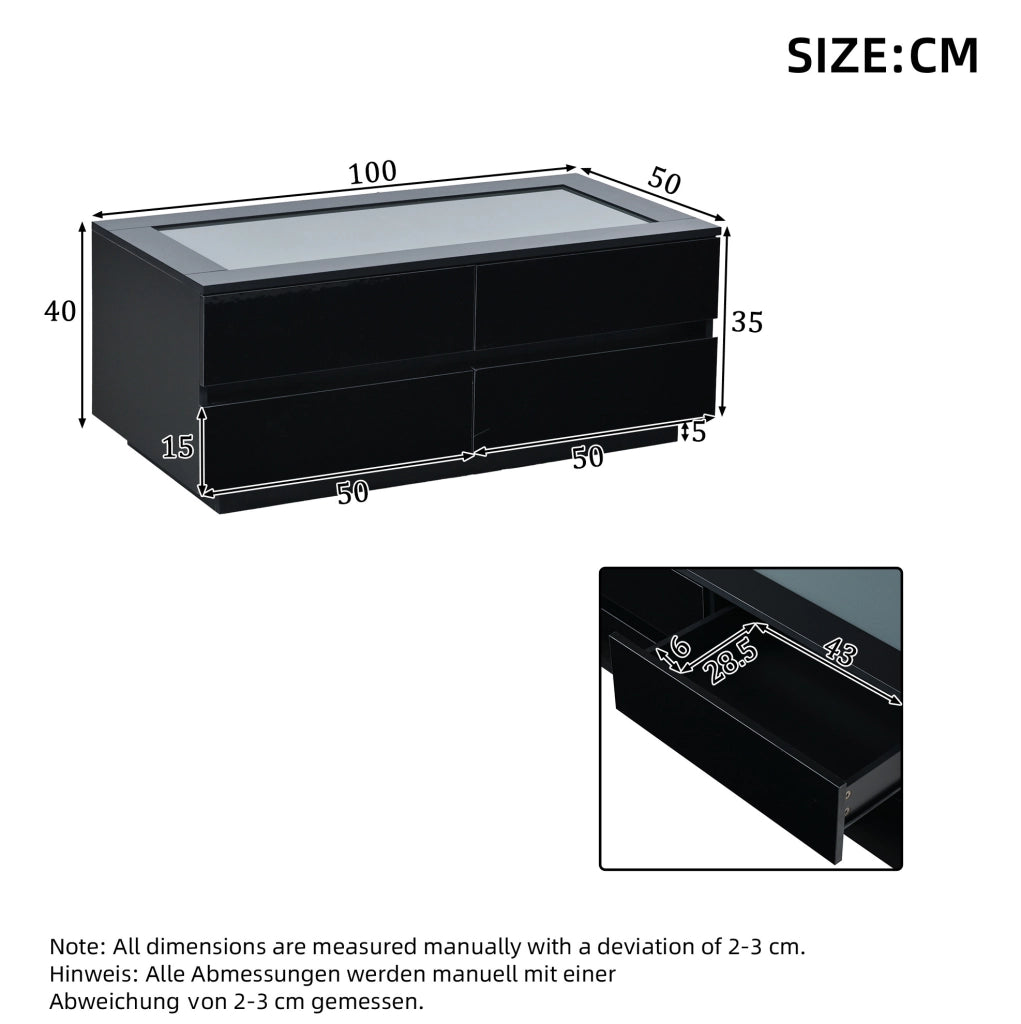 Tavolino da salotto nero 100x50x40 cm con 4 cassetti; LED; piano in vetro temperato