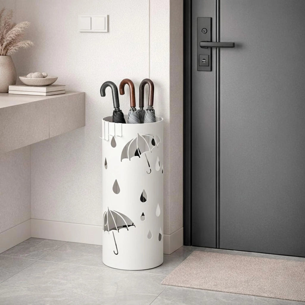 Portaombrelli Rotondo In Acciaio Zincato Dotato Di Vaschetta Scolapioggia E 4 Ganci Removibili Base Antiscivolo Design Moderno Per Ingresso Casa E Ufficio 41 X 17 Cm Bianco