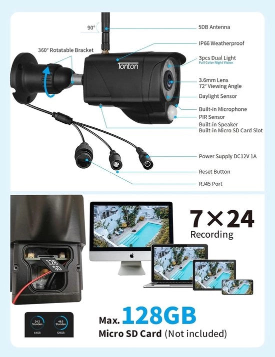 Telecamera di Sicurezza Esterna a 3MP con Senso di Movimento e Sensore di Calore + Illuminatore LED, Connessione LAN e Wi-Fi, IP66 Resistente alle Intemperie, Visibilità Notturna di 30M, Alternativa di Funzionamento
