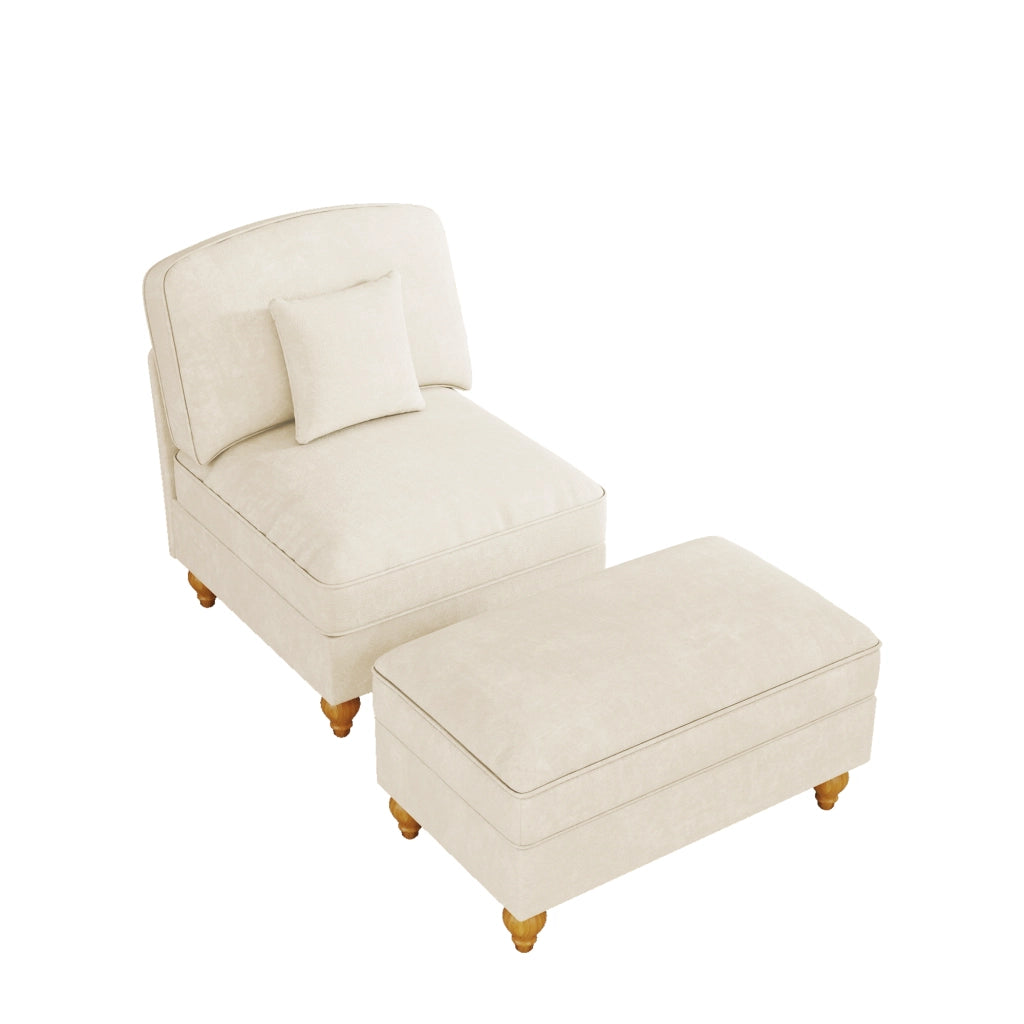 Divano modulare con poggiapiedi e gonna removibile in chenille bianco