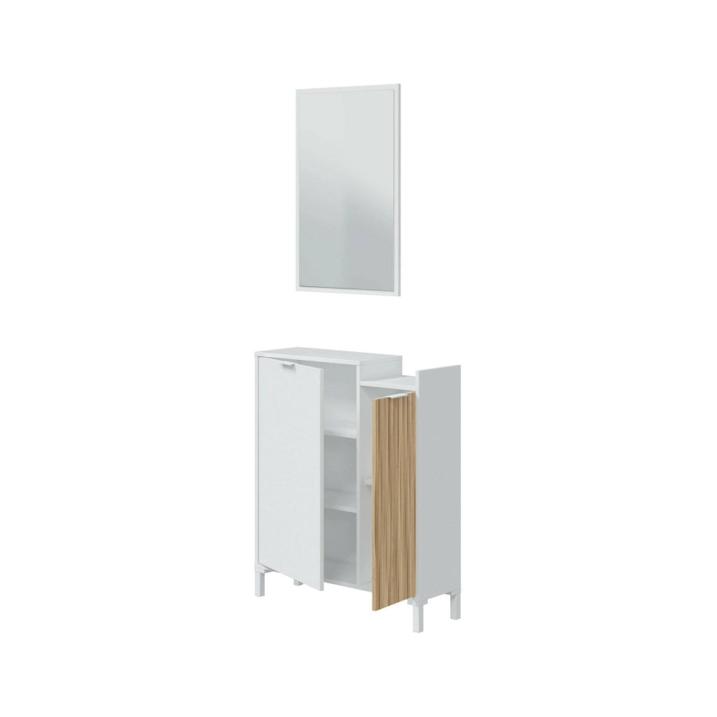 Mobile da ingresso Alambicco, Entratina a 2 ante, Armadio con specchio, Portaoggetti multifunzione, 77x24h91 cm, Bianco e Rovere