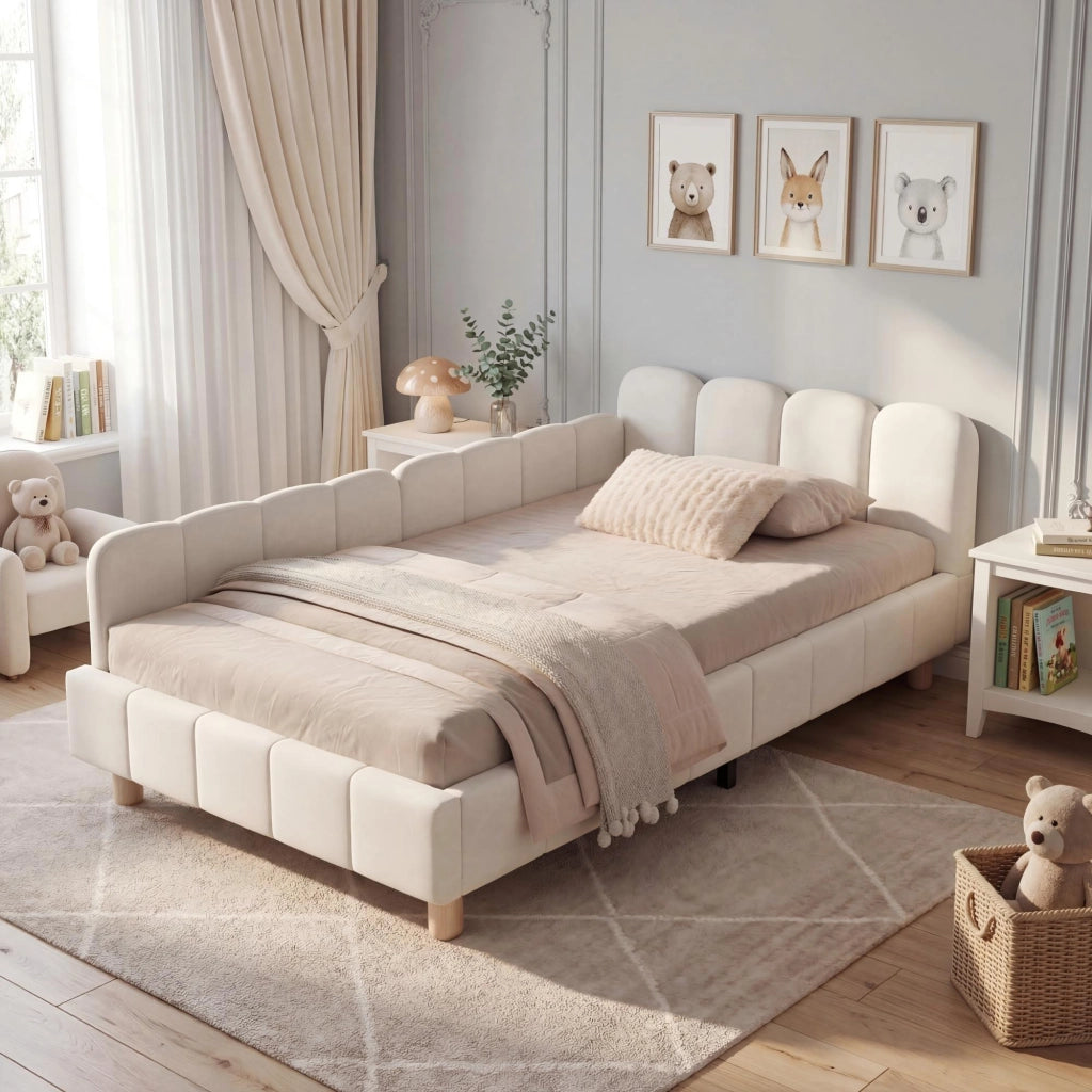 Letto divano per bambini 90x200 cm imbottito con testiera; sponda anticaduta e piedi in legno massello; velluto beige