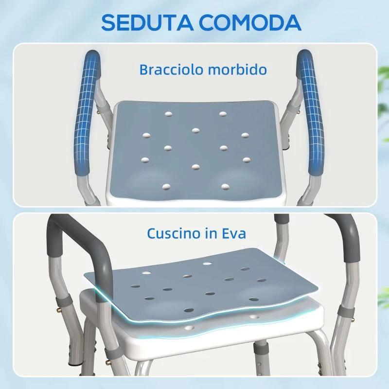 SGABELLO PER DOCCIA REGOLABILE CON BRACCIOLI E FORI DI DRENAGGIO, IN ALLUMINIO, HDPE E EVA, 52X45X57-69 CM
