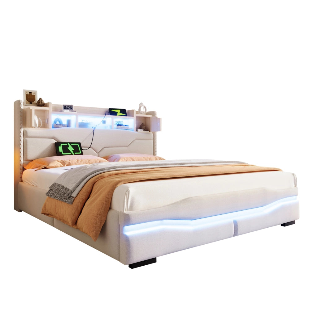 Letto imbottito 160x200 cm con contenitore idraulico; LED e porte USB; beige