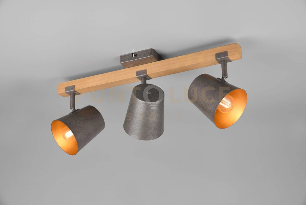 BELL BARRA 3 SPOTS ORIENTABILI LEGNO NATURALE DIFFUSORI METALLO ACCIAIO ANTICATO INTERNO ORO L. 54CM ATTACCO E14