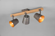 BELL BARRA 3 SPOTS ORIENTABILI LEGNO NATURALE DIFFUSORI METALLO ACCIAIO ANTICATO INTERNO ORO L. 54CM ATTACCO E14